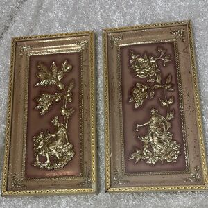 Vintage gold framed cherub fairy mystical wall decor pair